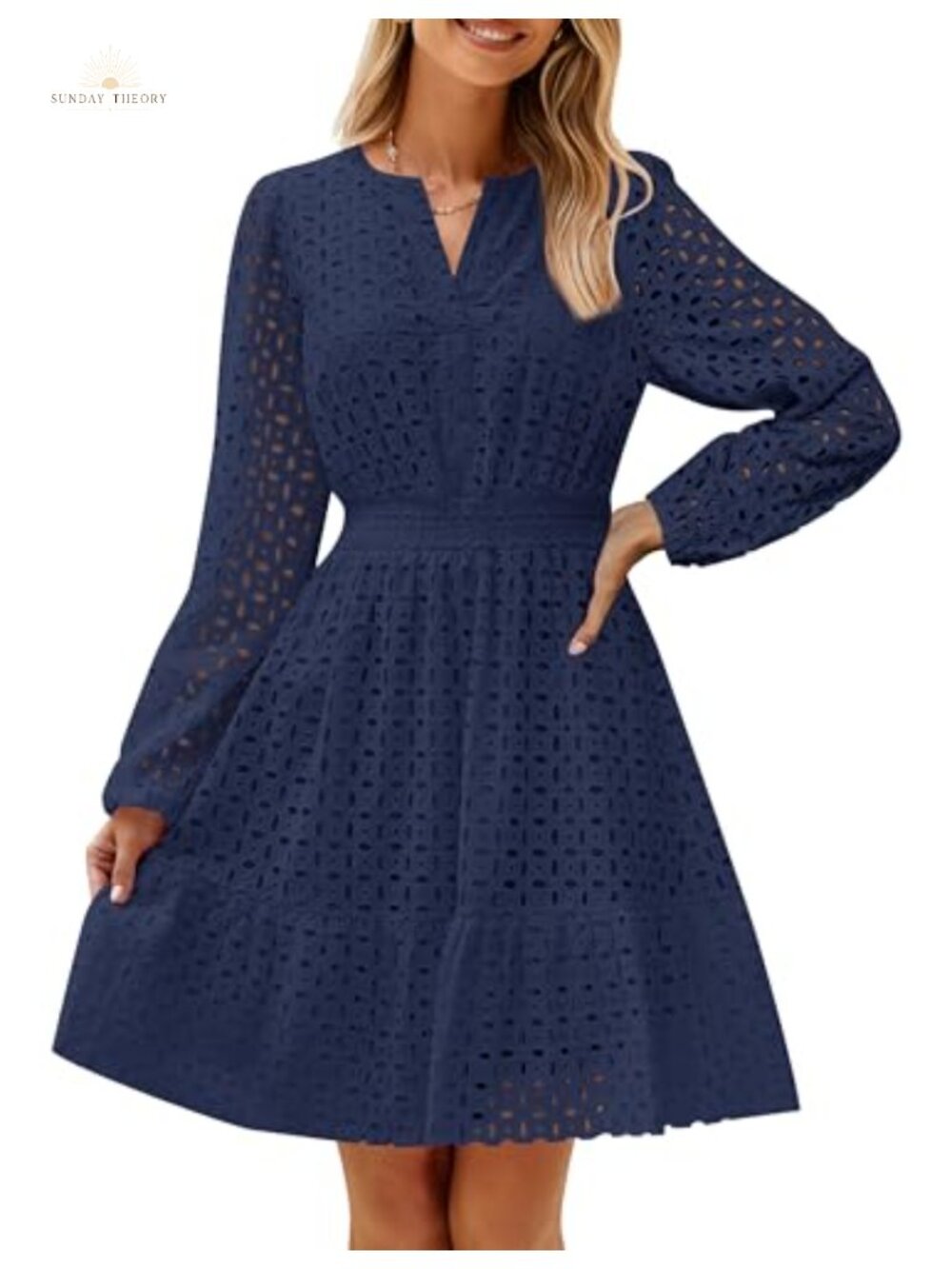 ZESICA Womens Long Sleeve Eyelet Embroidery Mini Dress V-Neck Flowy Casual